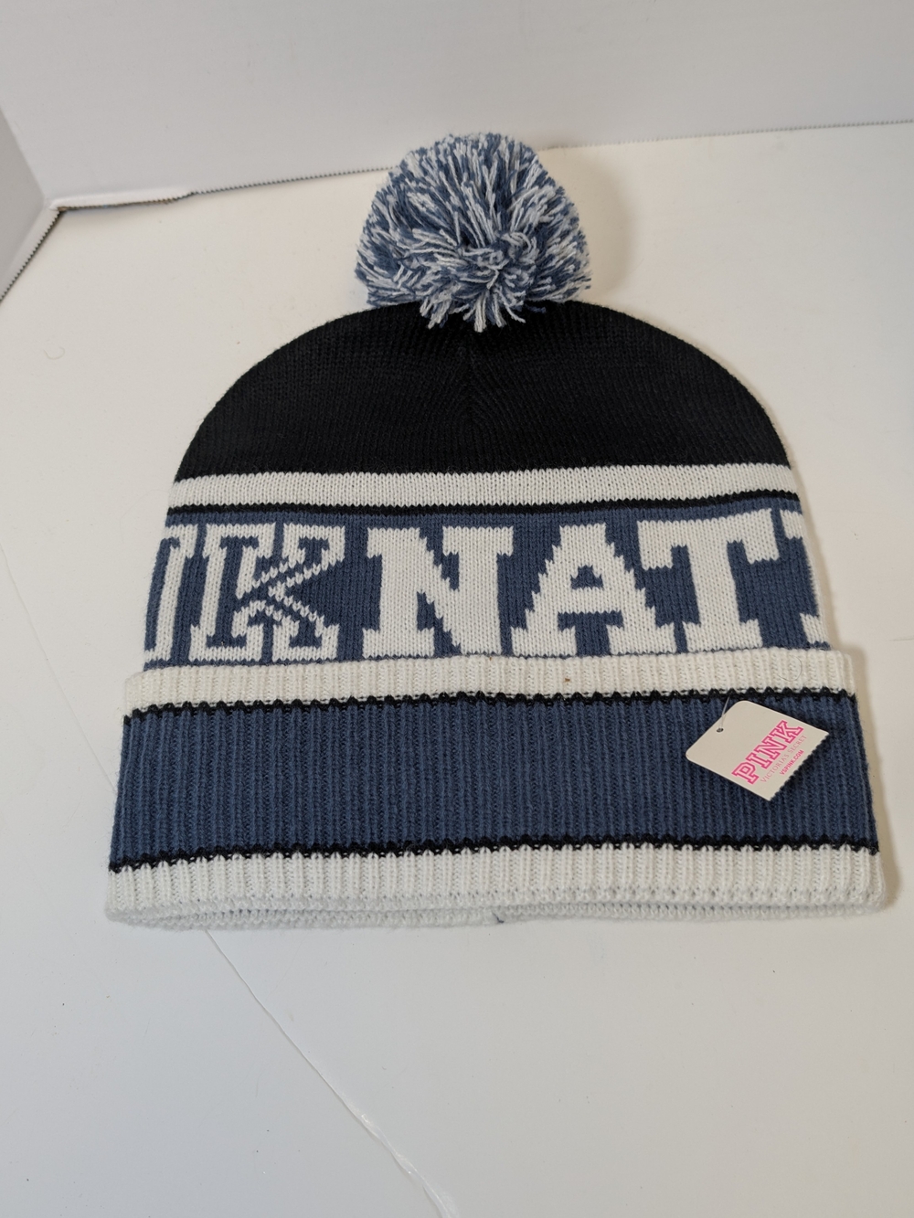 PINK Victoria's Secret Navy, White & Blue Knit Pom Beanie
